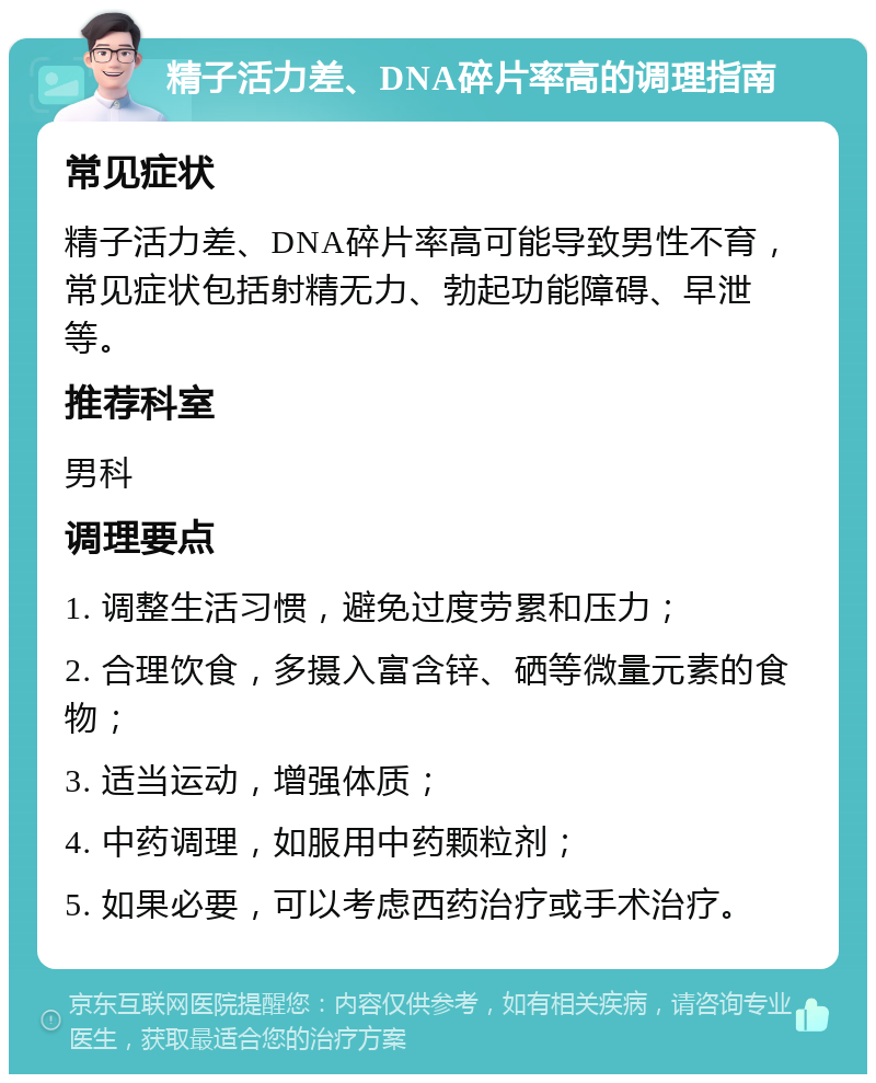 精子活力差、DNA碎片率高的调理指南 常见症状 精子活力差、DNA碎片率高可能导致男性不育，常见症状包括射精无力、勃起功能障碍、早泄等。 推荐科室 男科 调理要点 1. 调整生活习惯，避免过度劳累和压力； 2. 合理饮食，多摄入富含锌、硒等微量元素的食物； 3. 适当运动，增强体质； 4. 中药调理，如服用中药颗粒剂； 5. 如果必要，可以考虑西药治疗或手术治疗。