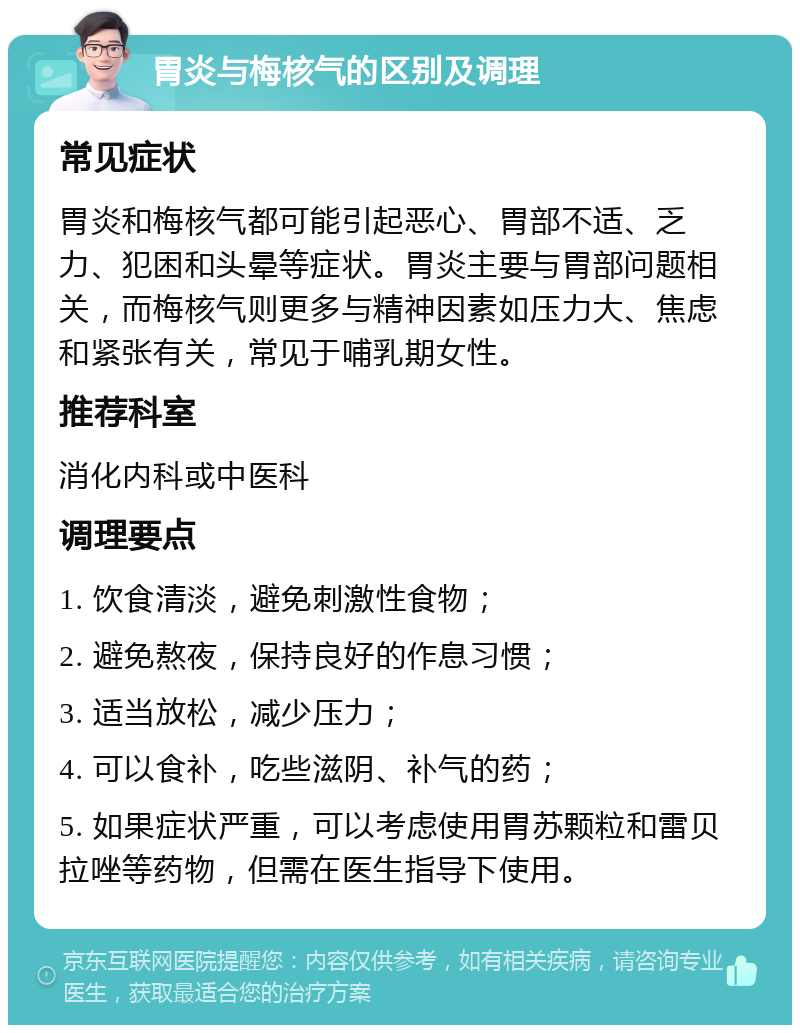 胃炎与梅核气的区别及调理 常见症状 胃炎和梅核气都可能引起恶心、胃部不适、乏力、犯困和头晕等症状。胃炎主要与胃部问题相关，而梅核气则更多与精神因素如压力大、焦虑和紧张有关，常见于哺乳期女性。 推荐科室 消化内科或中医科 调理要点 1. 饮食清淡，避免刺激性食物； 2. 避免熬夜，保持良好的作息习惯； 3. 适当放松，减少压力； 4. 可以食补，吃些滋阴、补气的药； 5. 如果症状严重，可以考虑使用胃苏颗粒和雷贝拉唑等药物，但需在医生指导下使用。