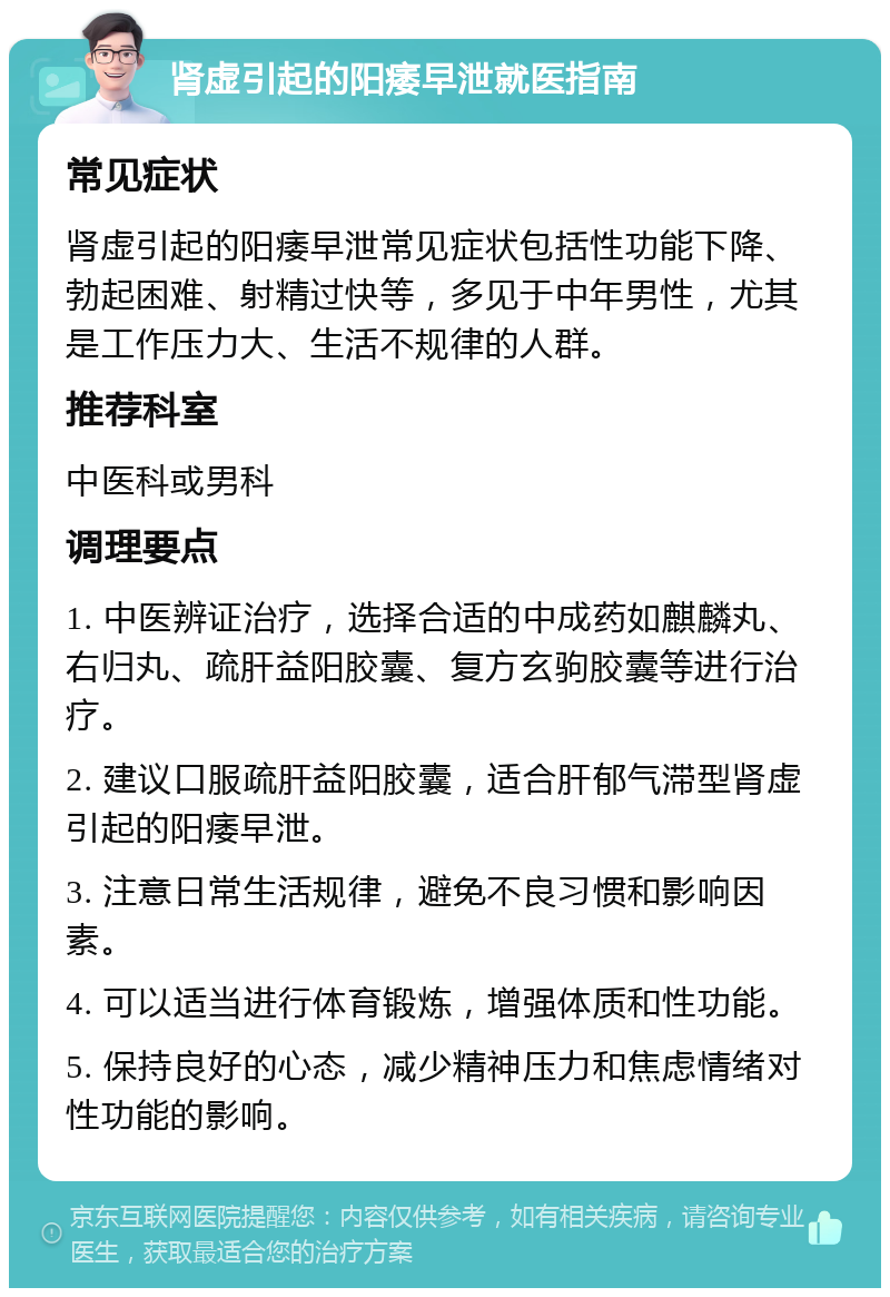 肾虚引起的阳痿早泄就医指南 常见症状 肾虚引起的阳痿早泄常见症状包括性功能下降、勃起困难、射精过快等，多见于中年男性，尤其是工作压力大、生活不规律的人群。 推荐科室 中医科或男科 调理要点 1. 中医辨证治疗，选择合适的中成药如麒麟丸、右归丸、疏肝益阳胶囊、复方玄驹胶囊等进行治疗。 2. 建议口服疏肝益阳胶囊，适合肝郁气滞型肾虚引起的阳痿早泄。 3. 注意日常生活规律，避免不良习惯和影响因素。 4. 可以适当进行体育锻炼，增强体质和性功能。 5. 保持良好的心态，减少精神压力和焦虑情绪对性功能的影响。