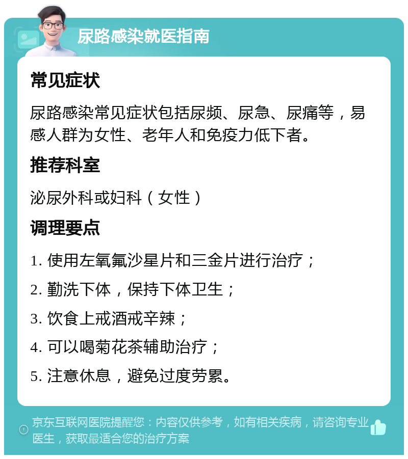 尿路感染就医指南 常见症状 尿路感染常见症状包括尿频、尿急、尿痛等，易感人群为女性、老年人和免疫力低下者。 推荐科室 泌尿外科或妇科（女性） 调理要点 1. 使用左氧氟沙星片和三金片进行治疗； 2. 勤洗下体，保持下体卫生； 3. 饮食上戒酒戒辛辣； 4. 可以喝菊花茶辅助治疗； 5. 注意休息，避免过度劳累。