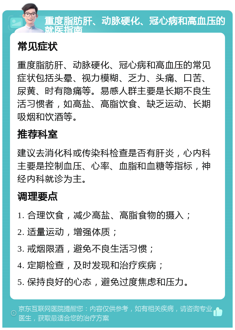 重度脂肪肝、动脉硬化、冠心病和高血压的就医指南 常见症状 重度脂肪肝、动脉硬化、冠心病和高血压的常见症状包括头晕、视力模糊、乏力、头痛、口苦、尿黄、时有隐痛等。易感人群主要是长期不良生活习惯者，如高盐、高脂饮食、缺乏运动、长期吸烟和饮酒等。 推荐科室 建议去消化科或传染科检查是否有肝炎，心内科主要是控制血压、心率、血脂和血糖等指标，神经内科就诊为主。 调理要点 1. 合理饮食，减少高盐、高脂食物的摄入； 2. 适量运动，增强体质； 3. 戒烟限酒，避免不良生活习惯； 4. 定期检查，及时发现和治疗疾病； 5. 保持良好的心态，避免过度焦虑和压力。