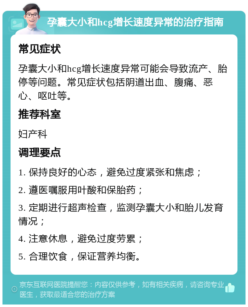 孕囊大小和hcg增长速度异常的治疗指南 常见症状 孕囊大小和hcg增长速度异常可能会导致流产、胎停等问题。常见症状包括阴道出血、腹痛、恶心、呕吐等。 推荐科室 妇产科 调理要点 1. 保持良好的心态，避免过度紧张和焦虑； 2. 遵医嘱服用叶酸和保胎药； 3. 定期进行超声检查，监测孕囊大小和胎儿发育情况； 4. 注意休息，避免过度劳累； 5. 合理饮食，保证营养均衡。