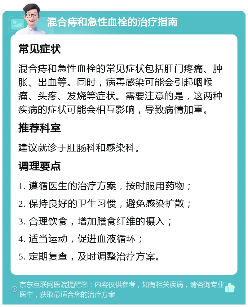 混合痔和急性血栓的治疗指南 常见症状 混合痔和急性血栓的常见症状包括肛门疼痛、肿胀、出血等。同时，病毒感染可能会引起咽喉痛、头疼、发烧等症状。需要注意的是，这两种疾病的症状可能会相互影响，导致病情加重。 推荐科室 建议就诊于肛肠科和感染科。 调理要点 1. 遵循医生的治疗方案，按时服用药物； 2. 保持良好的卫生习惯，避免感染扩散； 3. 合理饮食，增加膳食纤维的摄入； 4. 适当运动，促进血液循环； 5. 定期复查，及时调整治疗方案。