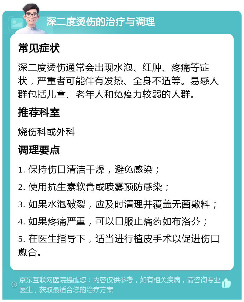 深二度烫伤的治疗与调理 常见症状 深二度烫伤通常会出现水泡、红肿、疼痛等症状，严重者可能伴有发热、全身不适等。易感人群包括儿童、老年人和免疫力较弱的人群。 推荐科室 烧伤科或外科 调理要点 1. 保持伤口清洁干燥，避免感染； 2. 使用抗生素软膏或喷雾预防感染； 3. 如果水泡破裂，应及时清理并覆盖无菌敷料； 4. 如果疼痛严重，可以口服止痛药如布洛芬； 5. 在医生指导下，适当进行植皮手术以促进伤口愈合。