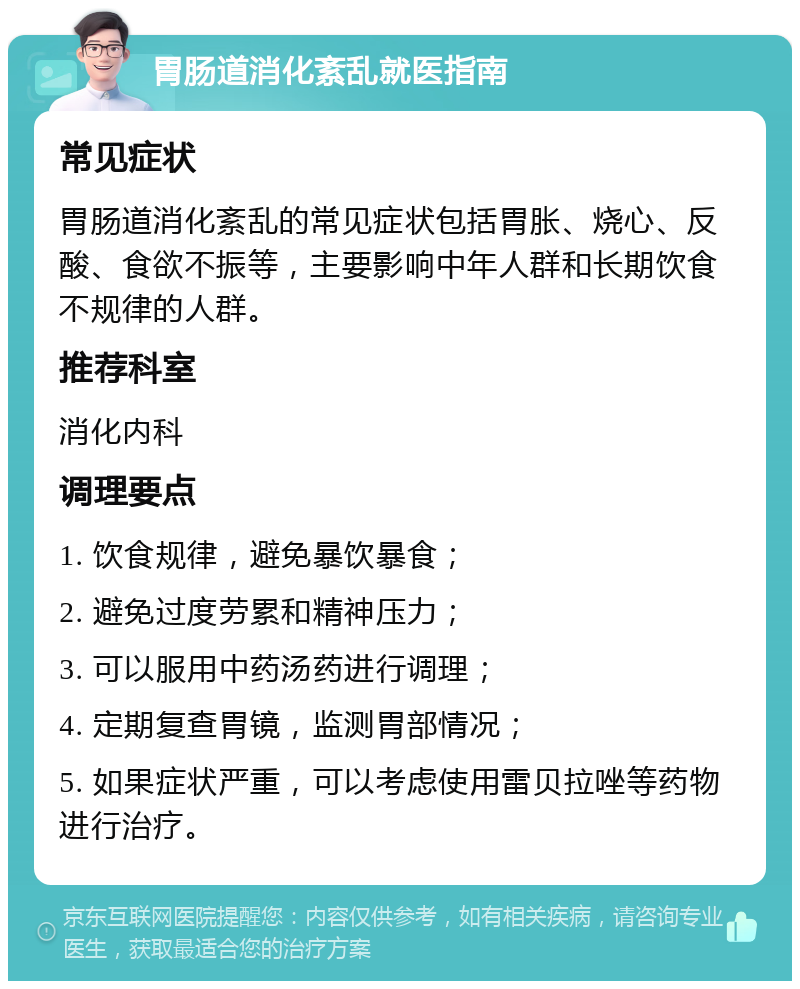 胃肠道消化紊乱就医指南 常见症状 胃肠道消化紊乱的常见症状包括胃胀、烧心、反酸、食欲不振等，主要影响中年人群和长期饮食不规律的人群。 推荐科室 消化内科 调理要点 1. 饮食规律，避免暴饮暴食； 2. 避免过度劳累和精神压力； 3. 可以服用中药汤药进行调理； 4. 定期复查胃镜，监测胃部情况； 5. 如果症状严重，可以考虑使用雷贝拉唑等药物进行治疗。