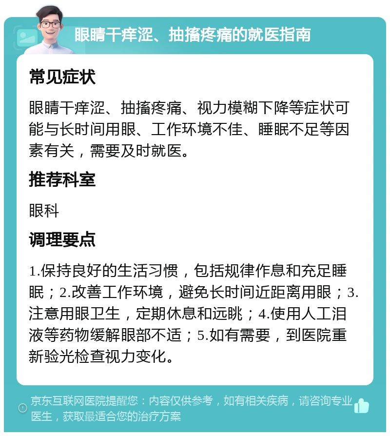 眼睛干痒涩、抽搐疼痛的就医指南 常见症状 眼睛干痒涩、抽搐疼痛、视力模糊下降等症状可能与长时间用眼、工作环境不佳、睡眠不足等因素有关，需要及时就医。 推荐科室 眼科 调理要点 1.保持良好的生活习惯，包括规律作息和充足睡眠；2.改善工作环境，避免长时间近距离用眼；3.注意用眼卫生，定期休息和远眺；4.使用人工泪液等药物缓解眼部不适；5.如有需要，到医院重新验光检查视力变化。