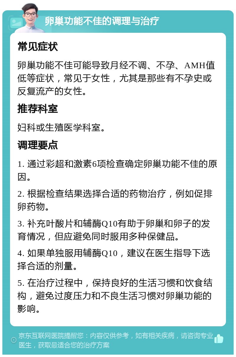 卵巢功能不佳的调理与治疗 常见症状 卵巢功能不佳可能导致月经不调、不孕、AMH值低等症状，常见于女性，尤其是那些有不孕史或反复流产的女性。 推荐科室 妇科或生殖医学科室。 调理要点 1. 通过彩超和激素6项检查确定卵巢功能不佳的原因。 2. 根据检查结果选择合适的药物治疗，例如促排卵药物。 3. 补充叶酸片和辅酶Q10有助于卵巢和卵子的发育情况，但应避免同时服用多种保健品。 4. 如果单独服用辅酶Q10，建议在医生指导下选择合适的剂量。 5. 在治疗过程中，保持良好的生活习惯和饮食结构，避免过度压力和不良生活习惯对卵巢功能的影响。