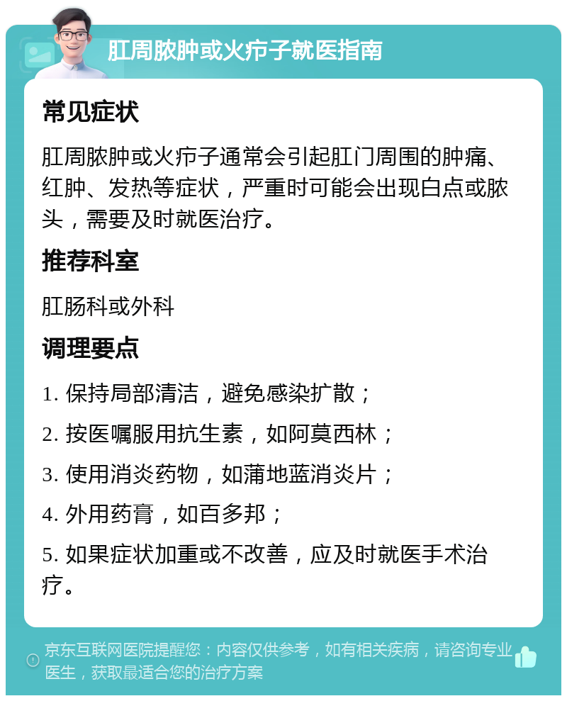 肛周脓肿或火疖子就医指南 常见症状 肛周脓肿或火疖子通常会引起肛门周围的肿痛、红肿、发热等症状，严重时可能会出现白点或脓头，需要及时就医治疗。 推荐科室 肛肠科或外科 调理要点 1. 保持局部清洁，避免感染扩散； 2. 按医嘱服用抗生素，如阿莫西林； 3. 使用消炎药物，如蒲地蓝消炎片； 4. 外用药膏，如百多邦； 5. 如果症状加重或不改善，应及时就医手术治疗。