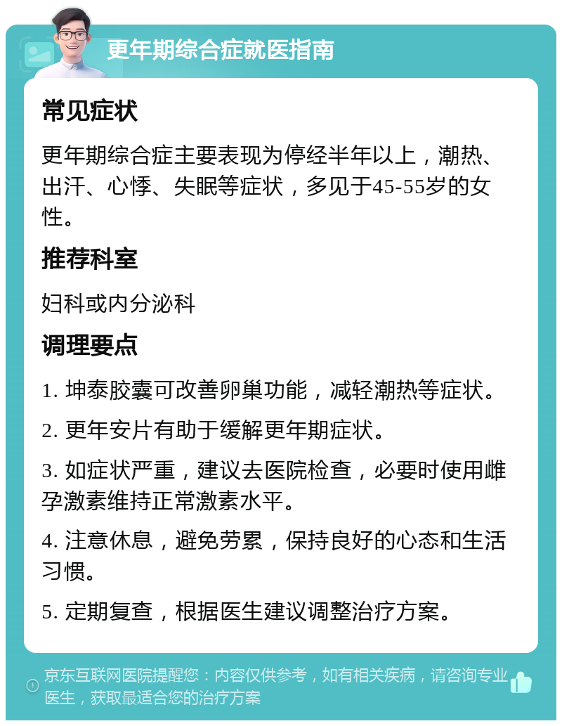 更年期综合症就医指南 常见症状 更年期综合症主要表现为停经半年以上，潮热、出汗、心悸、失眠等症状，多见于45-55岁的女性。 推荐科室 妇科或内分泌科 调理要点 1. 坤泰胶囊可改善卵巢功能，减轻潮热等症状。 2. 更年安片有助于缓解更年期症状。 3. 如症状严重，建议去医院检查，必要时使用雌孕激素维持正常激素水平。 4. 注意休息，避免劳累，保持良好的心态和生活习惯。 5. 定期复查，根据医生建议调整治疗方案。