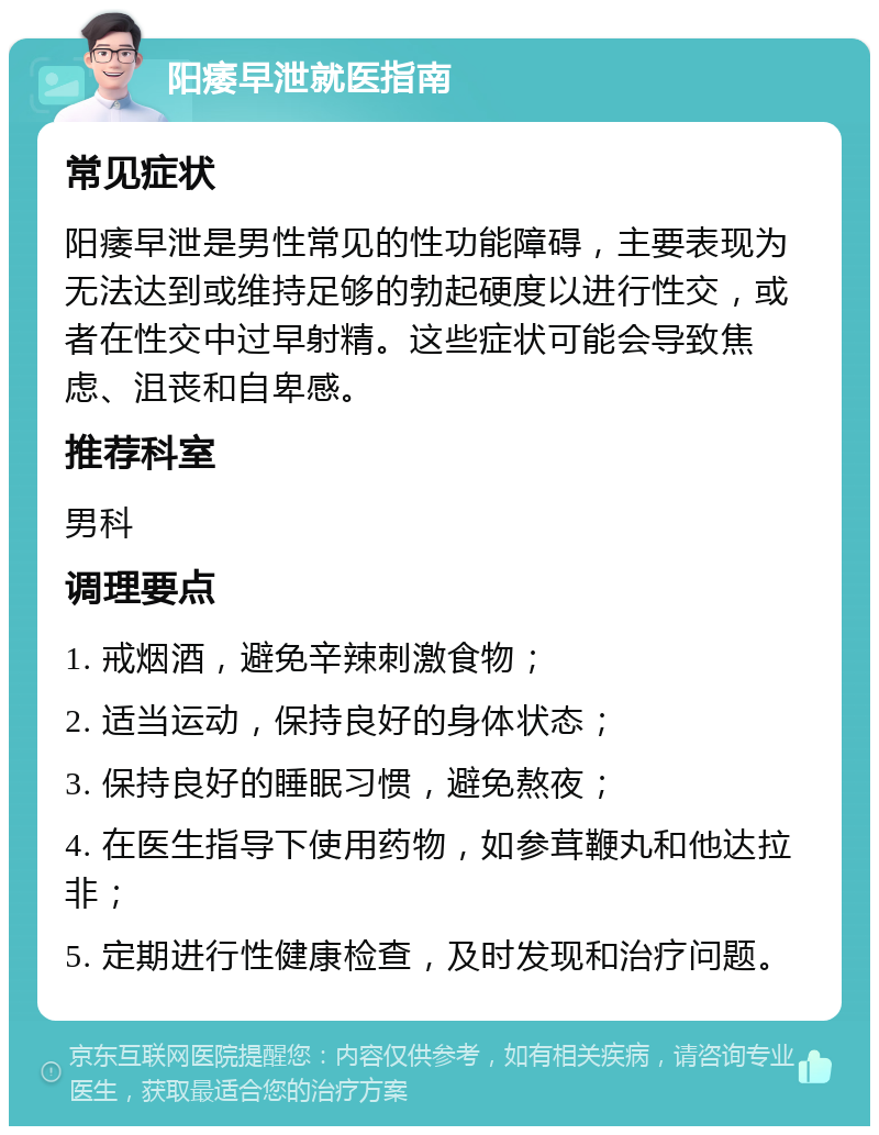 阳痿早泄就医指南 常见症状 阳痿早泄是男性常见的性功能障碍，主要表现为无法达到或维持足够的勃起硬度以进行性交，或者在性交中过早射精。这些症状可能会导致焦虑、沮丧和自卑感。 推荐科室 男科 调理要点 1. 戒烟酒，避免辛辣刺激食物； 2. 适当运动，保持良好的身体状态； 3. 保持良好的睡眠习惯，避免熬夜； 4. 在医生指导下使用药物，如参茸鞭丸和他达拉非； 5. 定期进行性健康检查，及时发现和治疗问题。