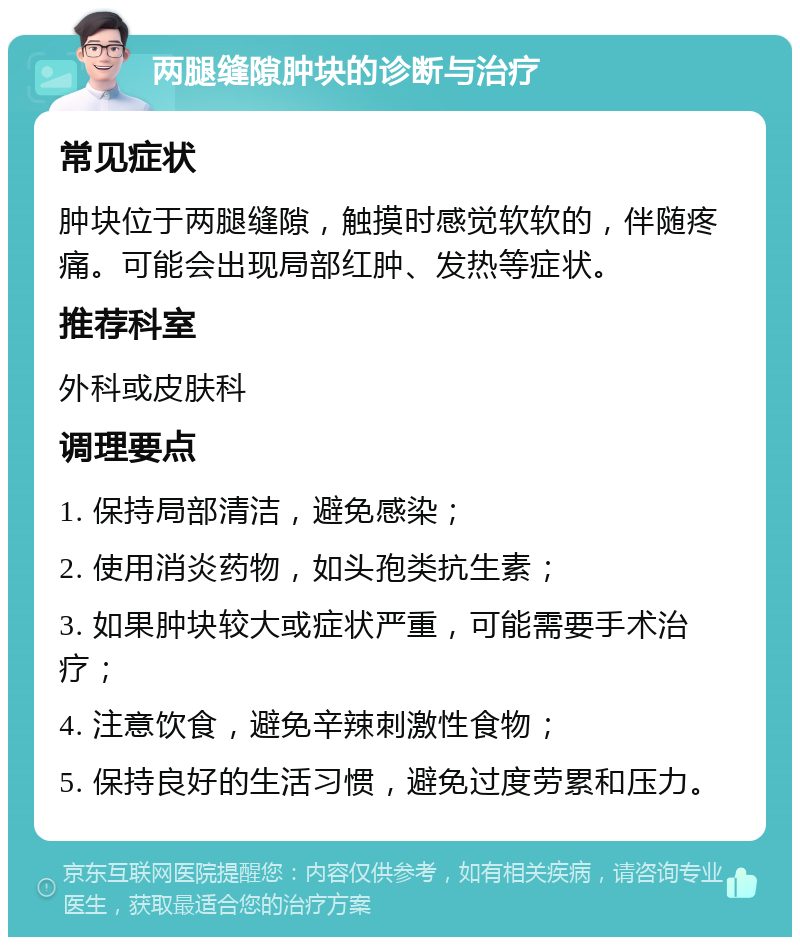 两腿缝隙肿块的诊断与治疗 常见症状 肿块位于两腿缝隙，触摸时感觉软软的，伴随疼痛。可能会出现局部红肿、发热等症状。 推荐科室 外科或皮肤科 调理要点 1. 保持局部清洁，避免感染； 2. 使用消炎药物，如头孢类抗生素； 3. 如果肿块较大或症状严重，可能需要手术治疗； 4. 注意饮食，避免辛辣刺激性食物； 5. 保持良好的生活习惯，避免过度劳累和压力。