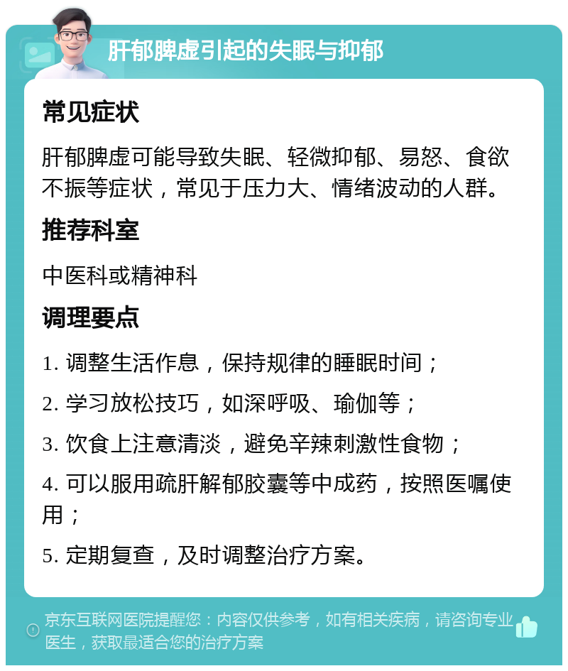 肝郁脾虚引起的失眠与抑郁 常见症状 肝郁脾虚可能导致失眠、轻微抑郁、易怒、食欲不振等症状，常见于压力大、情绪波动的人群。 推荐科室 中医科或精神科 调理要点 1. 调整生活作息，保持规律的睡眠时间； 2. 学习放松技巧，如深呼吸、瑜伽等； 3. 饮食上注意清淡，避免辛辣刺激性食物； 4. 可以服用疏肝解郁胶囊等中成药，按照医嘱使用； 5. 定期复查，及时调整治疗方案。