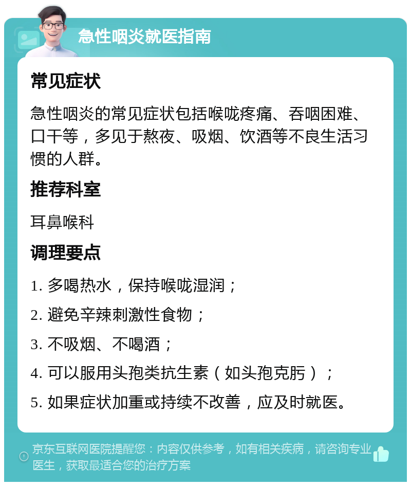 急性咽炎就医指南 常见症状 急性咽炎的常见症状包括喉咙疼痛、吞咽困难、口干等，多见于熬夜、吸烟、饮酒等不良生活习惯的人群。 推荐科室 耳鼻喉科 调理要点 1. 多喝热水，保持喉咙湿润； 2. 避免辛辣刺激性食物； 3. 不吸烟、不喝酒； 4. 可以服用头孢类抗生素（如头孢克肟）； 5. 如果症状加重或持续不改善，应及时就医。