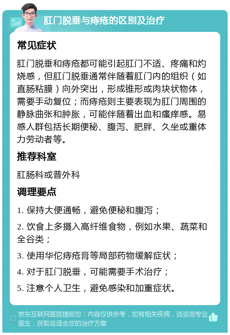 肛门脱垂与痔疮的区别及治疗 常见症状 肛门脱垂和痔疮都可能引起肛门不适、疼痛和灼烧感，但肛门脱垂通常伴随着肛门内的组织（如直肠粘膜）向外突出，形成锥形或肉块状物体，需要手动复位；而痔疮则主要表现为肛门周围的静脉曲张和肿胀，可能伴随着出血和瘙痒感。易感人群包括长期便秘、腹泻、肥胖、久坐或重体力劳动者等。 推荐科室 肛肠科或普外科 调理要点 1. 保持大便通畅，避免便秘和腹泻； 2. 饮食上多摄入高纤维食物，例如水果、蔬菜和全谷类； 3. 使用华佗痔疮膏等局部药物缓解症状； 4. 对于肛门脱垂，可能需要手术治疗； 5. 注意个人卫生，避免感染和加重症状。