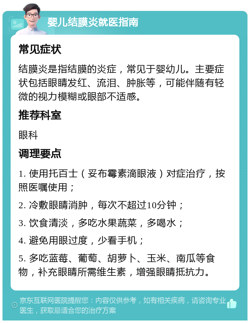 婴儿结膜炎就医指南 常见症状 结膜炎是指结膜的炎症，常见于婴幼儿。主要症状包括眼睛发红、流泪、肿胀等，可能伴随有轻微的视力模糊或眼部不适感。 推荐科室 眼科 调理要点 1. 使用托百士（妥布霉素滴眼液）对症治疗，按照医嘱使用； 2. 冷敷眼睛消肿，每次不超过10分钟； 3. 饮食清淡，多吃水果蔬菜，多喝水； 4. 避免用眼过度，少看手机； 5. 多吃蓝莓、葡萄、胡萝卜、玉米、南瓜等食物，补充眼睛所需维生素，增强眼睛抵抗力。