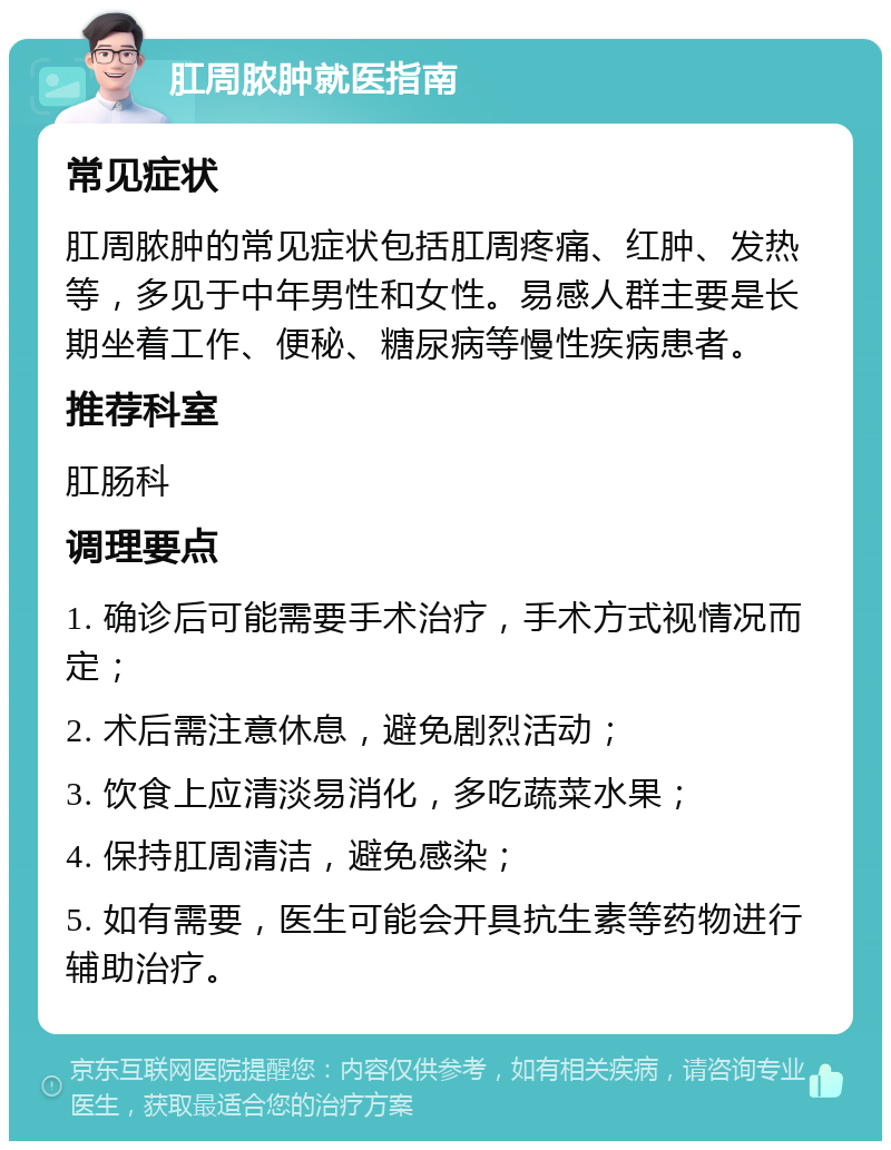 肛周脓肿就医指南 常见症状 肛周脓肿的常见症状包括肛周疼痛、红肿、发热等，多见于中年男性和女性。易感人群主要是长期坐着工作、便秘、糖尿病等慢性疾病患者。 推荐科室 肛肠科 调理要点 1. 确诊后可能需要手术治疗，手术方式视情况而定； 2. 术后需注意休息，避免剧烈活动； 3. 饮食上应清淡易消化，多吃蔬菜水果； 4. 保持肛周清洁，避免感染； 5. 如有需要，医生可能会开具抗生素等药物进行辅助治疗。