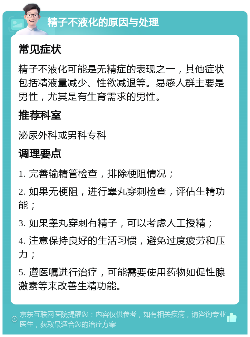 精子不液化的原因与处理 常见症状 精子不液化可能是无精症的表现之一，其他症状包括精液量减少、性欲减退等。易感人群主要是男性，尤其是有生育需求的男性。 推荐科室 泌尿外科或男科专科 调理要点 1. 完善输精管检查，排除梗阻情况； 2. 如果无梗阻，进行睾丸穿刺检查，评估生精功能； 3. 如果睾丸穿刺有精子，可以考虑人工授精； 4. 注意保持良好的生活习惯，避免过度疲劳和压力； 5. 遵医嘱进行治疗，可能需要使用药物如促性腺激素等来改善生精功能。