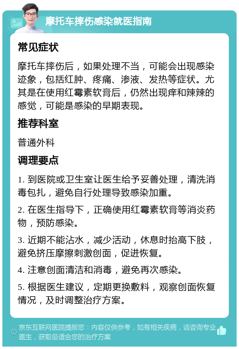 摩托车摔伤感染就医指南 常见症状 摩托车摔伤后，如果处理不当，可能会出现感染迹象，包括红肿、疼痛、渗液、发热等症状。尤其是在使用红霉素软膏后，仍然出现痒和辣辣的感觉，可能是感染的早期表现。 推荐科室 普通外科 调理要点 1. 到医院或卫生室让医生给予妥善处理，清洗消毒包扎，避免自行处理导致感染加重。 2. 在医生指导下，正确使用红霉素软膏等消炎药物，预防感染。 3. 近期不能沾水，减少活动，休息时抬高下肢，避免挤压摩擦刺激创面，促进恢复。 4. 注意创面清洁和消毒，避免再次感染。 5. 根据医生建议，定期更换敷料，观察创面恢复情况，及时调整治疗方案。