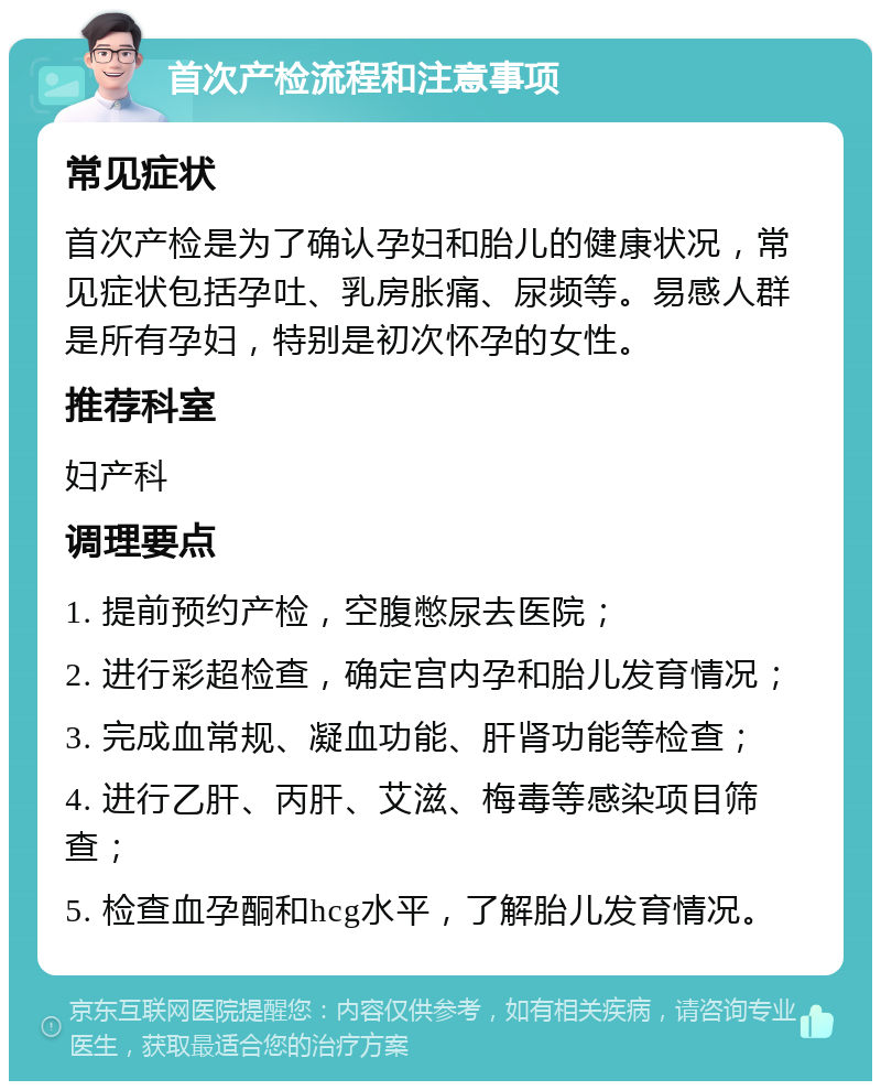 首次产检流程和注意事项 常见症状 首次产检是为了确认孕妇和胎儿的健康状况，常见症状包括孕吐、乳房胀痛、尿频等。易感人群是所有孕妇，特别是初次怀孕的女性。 推荐科室 妇产科 调理要点 1. 提前预约产检，空腹憋尿去医院； 2. 进行彩超检查，确定宫内孕和胎儿发育情况； 3. 完成血常规、凝血功能、肝肾功能等检查； 4. 进行乙肝、丙肝、艾滋、梅毒等感染项目筛查； 5. 检查血孕酮和hcg水平，了解胎儿发育情况。