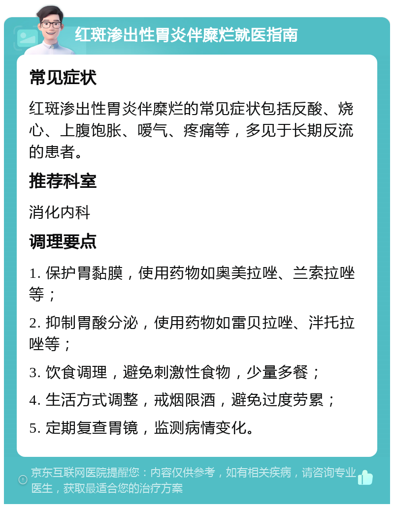 红斑渗出性胃炎伴糜烂就医指南 常见症状 红斑渗出性胃炎伴糜烂的常见症状包括反酸、烧心、上腹饱胀、嗳气、疼痛等，多见于长期反流的患者。 推荐科室 消化内科 调理要点 1. 保护胃黏膜，使用药物如奥美拉唑、兰索拉唑等； 2. 抑制胃酸分泌，使用药物如雷贝拉唑、泮托拉唑等； 3. 饮食调理，避免刺激性食物，少量多餐； 4. 生活方式调整，戒烟限酒，避免过度劳累； 5. 定期复查胃镜，监测病情变化。