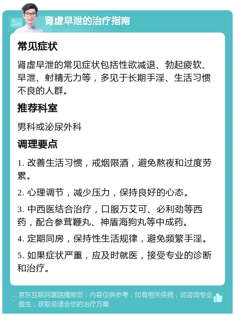 肾虚早泄的治疗指南 常见症状 肾虚早泄的常见症状包括性欲减退、勃起疲软、早泄、射精无力等，多见于长期手淫、生活习惯不良的人群。 推荐科室 男科或泌尿外科 调理要点 1. 改善生活习惯，戒烟限酒，避免熬夜和过度劳累。 2. 心理调节，减少压力，保持良好的心态。 3. 中西医结合治疗，口服万艾可、必利劲等西药，配合参茸鞭丸、神盾海狗丸等中成药。 4. 定期同房，保持性生活规律，避免频繁手淫。 5. 如果症状严重，应及时就医，接受专业的诊断和治疗。