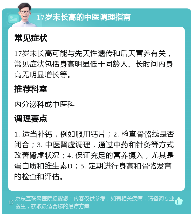 17岁未长高的中医调理指南 常见症状 17岁未长高可能与先天性遗传和后天营养有关，常见症状包括身高明显低于同龄人、长时间内身高无明显增长等。 推荐科室 内分泌科或中医科 调理要点 1. 适当补钙，例如服用钙片；2. 检查骨骼线是否闭合；3. 中医肾虚调理，通过中药和针灸等方式改善肾虚状况；4. 保证充足的营养摄入，尤其是蛋白质和维生素D；5. 定期进行身高和骨骼发育的检查和评估。