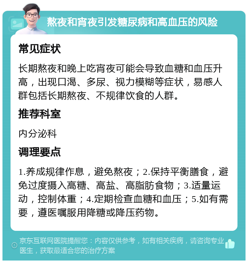 熬夜和宵夜引发糖尿病和高血压的风险 常见症状 长期熬夜和晚上吃宵夜可能会导致血糖和血压升高，出现口渴、多尿、视力模糊等症状，易感人群包括长期熬夜、不规律饮食的人群。 推荐科室 内分泌科 调理要点 1.养成规律作息，避免熬夜；2.保持平衡膳食，避免过度摄入高糖、高盐、高脂肪食物；3.适量运动，控制体重；4.定期检查血糖和血压；5.如有需要，遵医嘱服用降糖或降压药物。