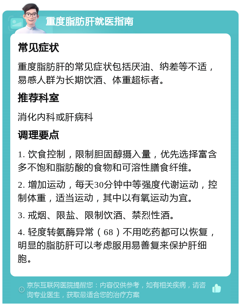 重度脂肪肝就医指南 常见症状 重度脂肪肝的常见症状包括厌油、纳差等不适，易感人群为长期饮酒、体重超标者。 推荐科室 消化内科或肝病科 调理要点 1. 饮食控制，限制胆固醇摄入量，优先选择富含多不饱和脂肪酸的食物和可溶性膳食纤维。 2. 增加运动，每天30分钟中等强度代谢运动，控制体重，适当运动，其中以有氧运动为宜。 3. 戒烟、限盐、限制饮酒、禁烈性酒。 4. 轻度转氨酶异常（68）不用吃药都可以恢复，明显的脂肪肝可以考虑服用易善复来保护肝细胞。