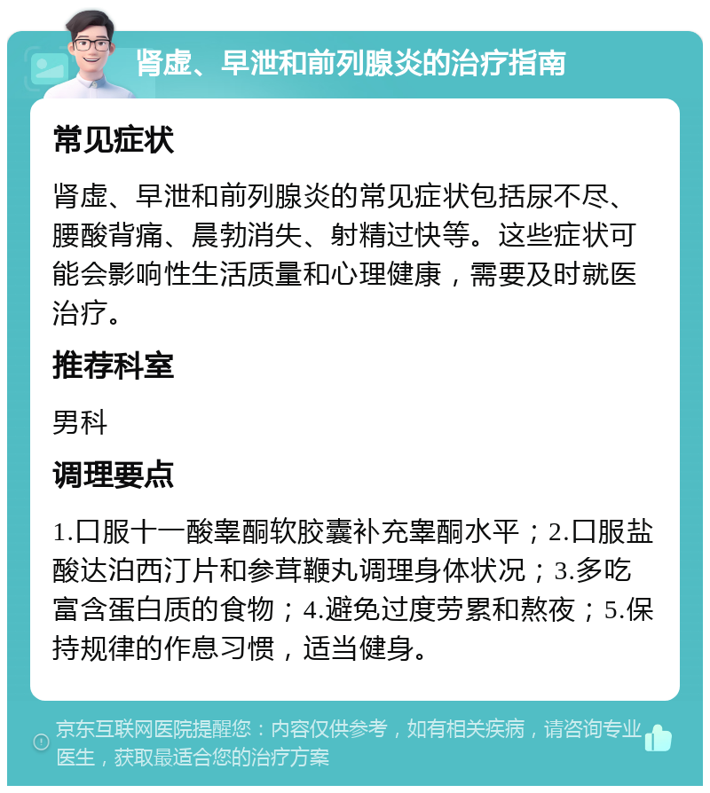 肾虚、早泄和前列腺炎的治疗指南 常见症状 肾虚、早泄和前列腺炎的常见症状包括尿不尽、腰酸背痛、晨勃消失、射精过快等。这些症状可能会影响性生活质量和心理健康，需要及时就医治疗。 推荐科室 男科 调理要点 1.口服十一酸睾酮软胶囊补充睾酮水平；2.口服盐酸达泊西汀片和参茸鞭丸调理身体状况；3.多吃富含蛋白质的食物；4.避免过度劳累和熬夜；5.保持规律的作息习惯，适当健身。