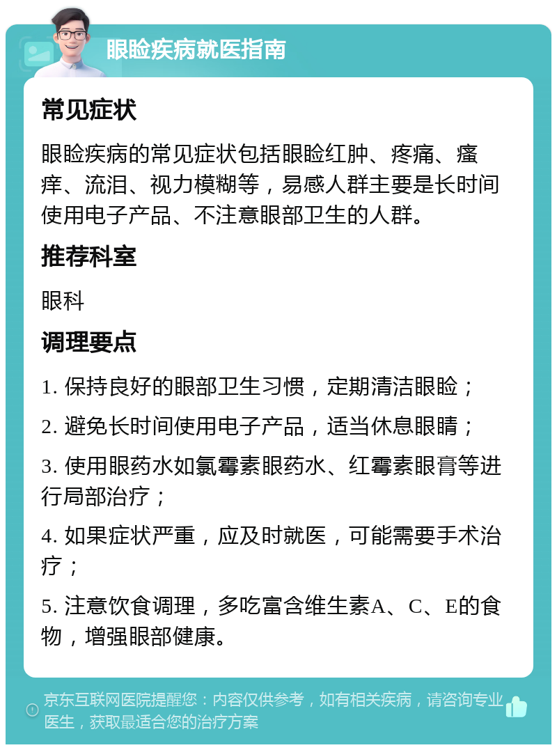 眼睑疾病就医指南 常见症状 眼睑疾病的常见症状包括眼睑红肿、疼痛、瘙痒、流泪、视力模糊等，易感人群主要是长时间使用电子产品、不注意眼部卫生的人群。 推荐科室 眼科 调理要点 1. 保持良好的眼部卫生习惯，定期清洁眼睑； 2. 避免长时间使用电子产品，适当休息眼睛； 3. 使用眼药水如氯霉素眼药水、红霉素眼膏等进行局部治疗； 4. 如果症状严重，应及时就医，可能需要手术治疗； 5. 注意饮食调理，多吃富含维生素A、C、E的食物，增强眼部健康。