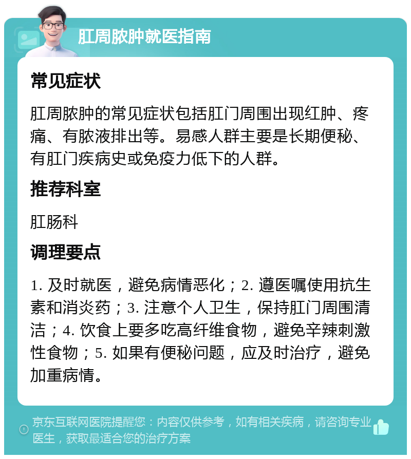 肛周脓肿就医指南 常见症状 肛周脓肿的常见症状包括肛门周围出现红肿、疼痛、有脓液排出等。易感人群主要是长期便秘、有肛门疾病史或免疫力低下的人群。 推荐科室 肛肠科 调理要点 1. 及时就医，避免病情恶化；2. 遵医嘱使用抗生素和消炎药；3. 注意个人卫生，保持肛门周围清洁；4. 饮食上要多吃高纤维食物，避免辛辣刺激性食物；5. 如果有便秘问题，应及时治疗，避免加重病情。