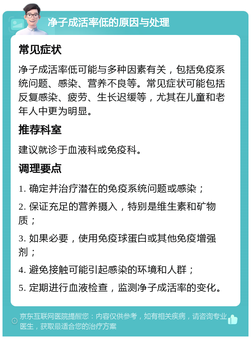 净子成活率低的原因与处理 常见症状 净子成活率低可能与多种因素有关，包括免疫系统问题、感染、营养不良等。常见症状可能包括反复感染、疲劳、生长迟缓等，尤其在儿童和老年人中更为明显。 推荐科室 建议就诊于血液科或免疫科。 调理要点 1. 确定并治疗潜在的免疫系统问题或感染； 2. 保证充足的营养摄入，特别是维生素和矿物质； 3. 如果必要，使用免疫球蛋白或其他免疫增强剂； 4. 避免接触可能引起感染的环境和人群； 5. 定期进行血液检查，监测净子成活率的变化。