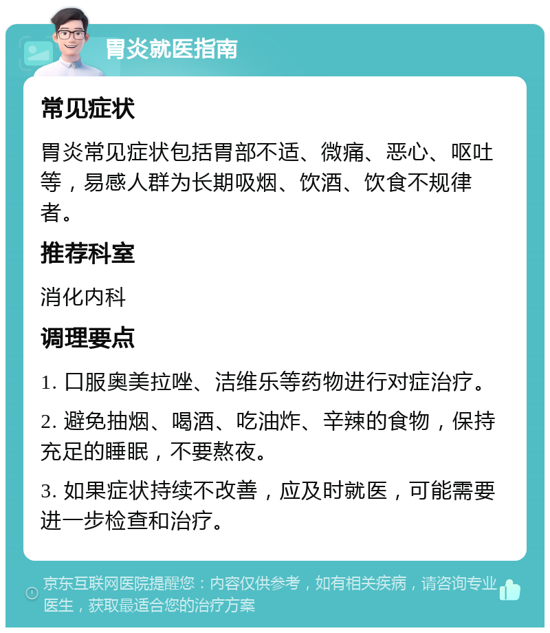 胃炎就医指南 常见症状 胃炎常见症状包括胃部不适、微痛、恶心、呕吐等，易感人群为长期吸烟、饮酒、饮食不规律者。 推荐科室 消化内科 调理要点 1. 口服奥美拉唑、洁维乐等药物进行对症治疗。 2. 避免抽烟、喝酒、吃油炸、辛辣的食物，保持充足的睡眠，不要熬夜。 3. 如果症状持续不改善，应及时就医，可能需要进一步检查和治疗。