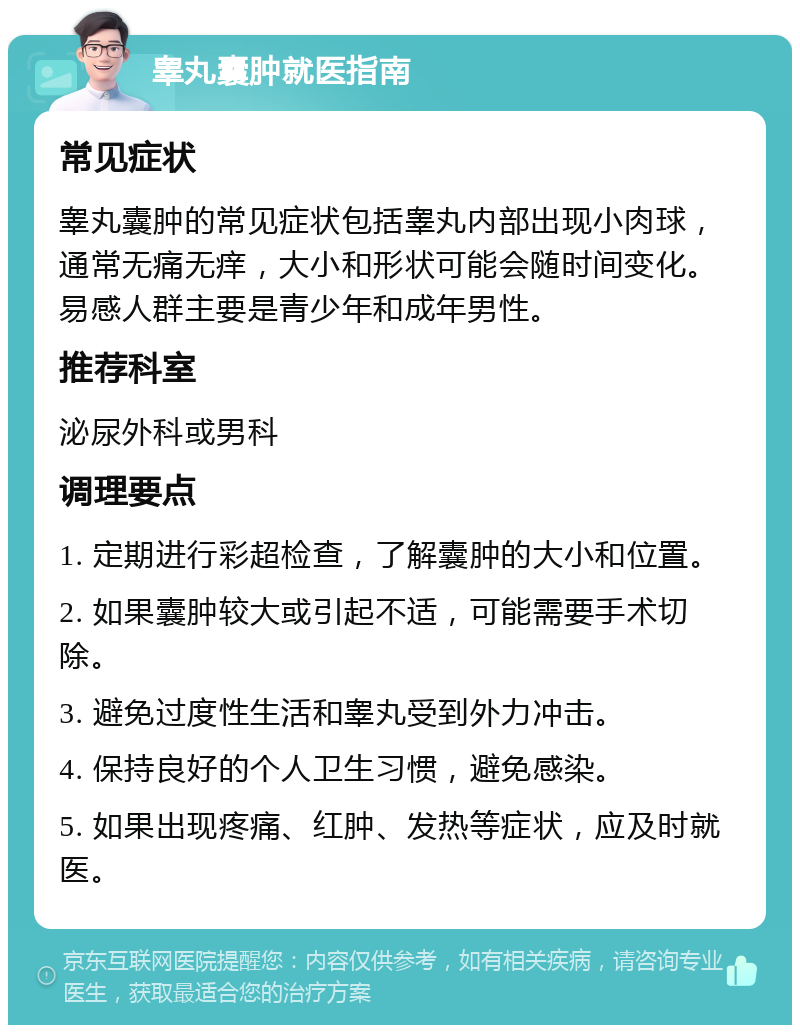 睾丸囊肿就医指南 常见症状 睾丸囊肿的常见症状包括睾丸内部出现小肉球，通常无痛无痒，大小和形状可能会随时间变化。易感人群主要是青少年和成年男性。 推荐科室 泌尿外科或男科 调理要点 1. 定期进行彩超检查，了解囊肿的大小和位置。 2. 如果囊肿较大或引起不适，可能需要手术切除。 3. 避免过度性生活和睾丸受到外力冲击。 4. 保持良好的个人卫生习惯，避免感染。 5. 如果出现疼痛、红肿、发热等症状，应及时就医。