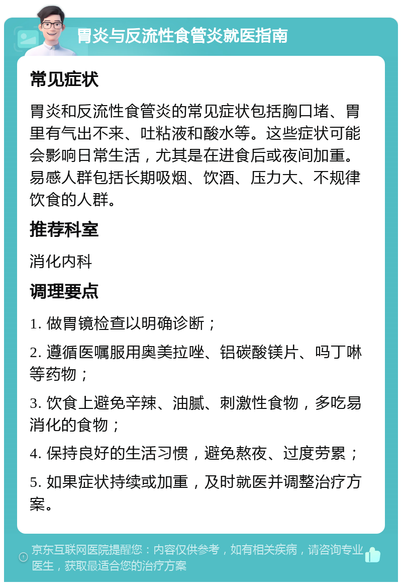 胃炎与反流性食管炎就医指南 常见症状 胃炎和反流性食管炎的常见症状包括胸口堵、胃里有气出不来、吐粘液和酸水等。这些症状可能会影响日常生活，尤其是在进食后或夜间加重。易感人群包括长期吸烟、饮酒、压力大、不规律饮食的人群。 推荐科室 消化内科 调理要点 1. 做胃镜检查以明确诊断； 2. 遵循医嘱服用奥美拉唑、铝碳酸镁片、吗丁啉等药物； 3. 饮食上避免辛辣、油腻、刺激性食物，多吃易消化的食物； 4. 保持良好的生活习惯，避免熬夜、过度劳累； 5. 如果症状持续或加重，及时就医并调整治疗方案。