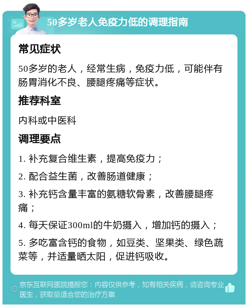 50多岁老人免疫力低的调理指南 常见症状 50多岁的老人，经常生病，免疫力低，可能伴有肠胃消化不良、腰腿疼痛等症状。 推荐科室 内科或中医科 调理要点 1. 补充复合维生素，提高免疫力； 2. 配合益生菌，改善肠道健康； 3. 补充钙含量丰富的氨糖软骨素，改善腰腿疼痛； 4. 每天保证300ml的牛奶摄入，增加钙的摄入； 5. 多吃富含钙的食物，如豆类、坚果类、绿色蔬菜等，并适量晒太阳，促进钙吸收。