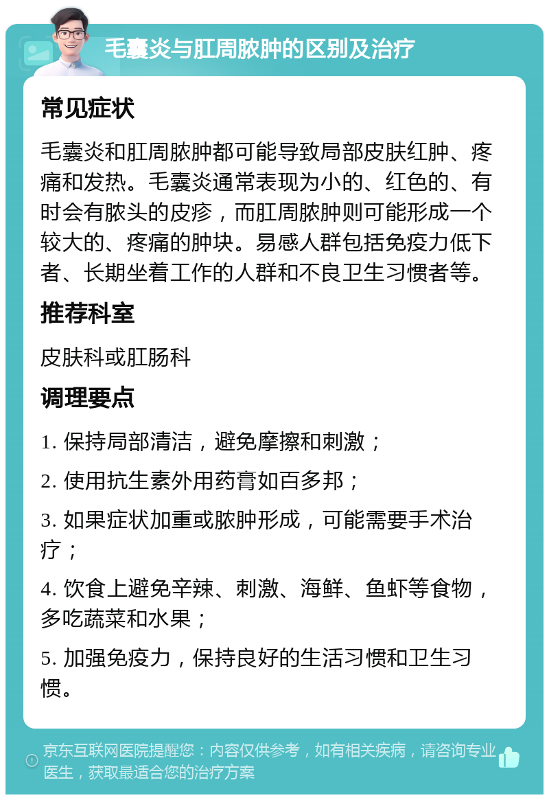 毛囊炎与肛周脓肿的区别及治疗 常见症状 毛囊炎和肛周脓肿都可能导致局部皮肤红肿、疼痛和发热。毛囊炎通常表现为小的、红色的、有时会有脓头的皮疹，而肛周脓肿则可能形成一个较大的、疼痛的肿块。易感人群包括免疫力低下者、长期坐着工作的人群和不良卫生习惯者等。 推荐科室 皮肤科或肛肠科 调理要点 1. 保持局部清洁，避免摩擦和刺激； 2. 使用抗生素外用药膏如百多邦； 3. 如果症状加重或脓肿形成，可能需要手术治疗； 4. 饮食上避免辛辣、刺激、海鲜、鱼虾等食物，多吃蔬菜和水果； 5. 加强免疫力，保持良好的生活习惯和卫生习惯。