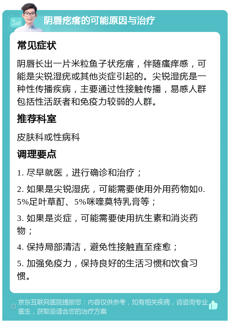 阴唇疙瘩的可能原因与治疗 常见症状 阴唇长出一片米粒鱼子状疙瘩，伴随瘙痒感，可能是尖锐湿疣或其他炎症引起的。尖锐湿疣是一种性传播疾病，主要通过性接触传播，易感人群包括性活跃者和免疫力较弱的人群。 推荐科室 皮肤科或性病科 调理要点 1. 尽早就医，进行确诊和治疗； 2. 如果是尖锐湿疣，可能需要使用外用药物如0.5%足叶草酊、5%咪喹莫特乳膏等； 3. 如果是炎症，可能需要使用抗生素和消炎药物； 4. 保持局部清洁，避免性接触直至痊愈； 5. 加强免疫力，保持良好的生活习惯和饮食习惯。