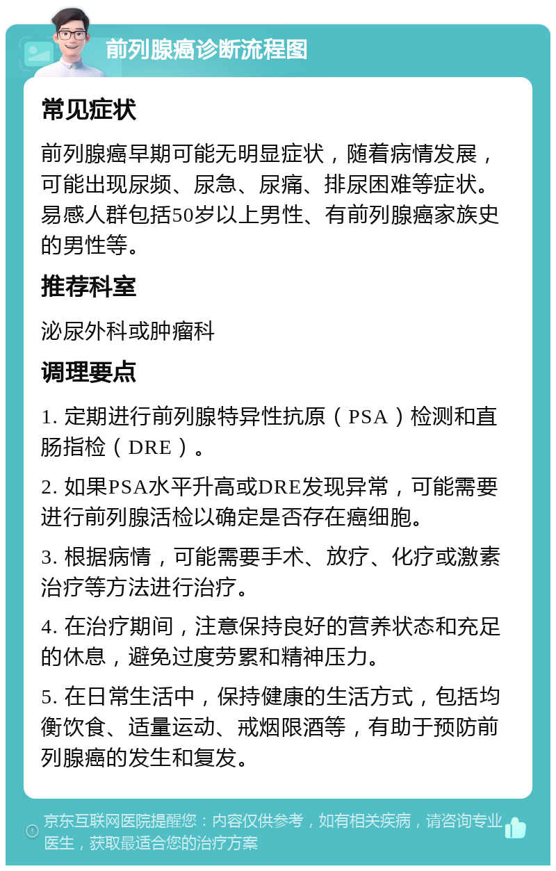 前列腺癌诊断流程图 常见症状 前列腺癌早期可能无明显症状，随着病情发展，可能出现尿频、尿急、尿痛、排尿困难等症状。易感人群包括50岁以上男性、有前列腺癌家族史的男性等。 推荐科室 泌尿外科或肿瘤科 调理要点 1. 定期进行前列腺特异性抗原（PSA）检测和直肠指检（DRE）。 2. 如果PSA水平升高或DRE发现异常，可能需要进行前列腺活检以确定是否存在癌细胞。 3. 根据病情，可能需要手术、放疗、化疗或激素治疗等方法进行治疗。 4. 在治疗期间，注意保持良好的营养状态和充足的休息，避免过度劳累和精神压力。 5. 在日常生活中，保持健康的生活方式，包括均衡饮食、适量运动、戒烟限酒等，有助于预防前列腺癌的发生和复发。