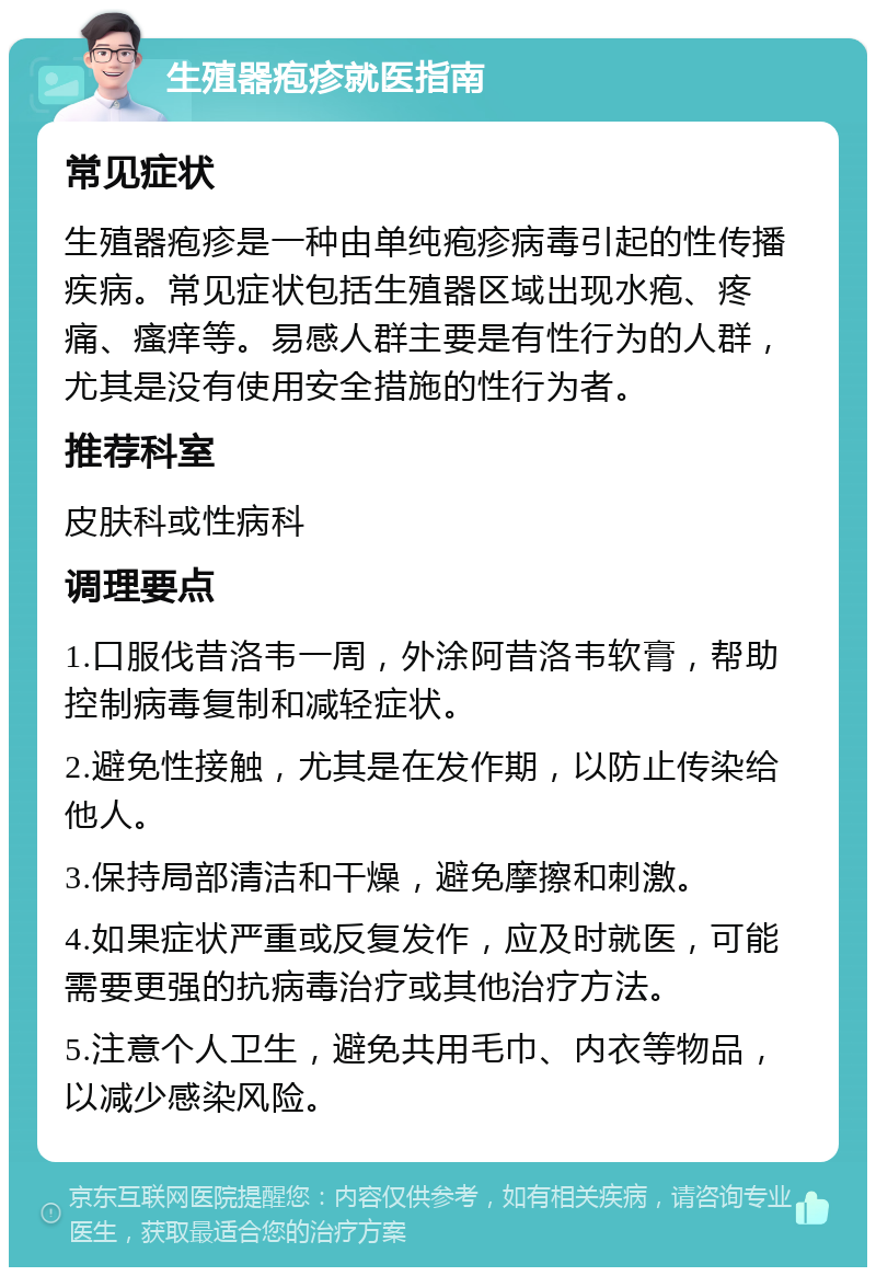 生殖器疱疹就医指南 常见症状 生殖器疱疹是一种由单纯疱疹病毒引起的性传播疾病。常见症状包括生殖器区域出现水疱、疼痛、瘙痒等。易感人群主要是有性行为的人群，尤其是没有使用安全措施的性行为者。 推荐科室 皮肤科或性病科 调理要点 1.口服伐昔洛韦一周，外涂阿昔洛韦软膏，帮助控制病毒复制和减轻症状。 2.避免性接触，尤其是在发作期，以防止传染给他人。 3.保持局部清洁和干燥，避免摩擦和刺激。 4.如果症状严重或反复发作，应及时就医，可能需要更强的抗病毒治疗或其他治疗方法。 5.注意个人卫生，避免共用毛巾、内衣等物品，以减少感染风险。