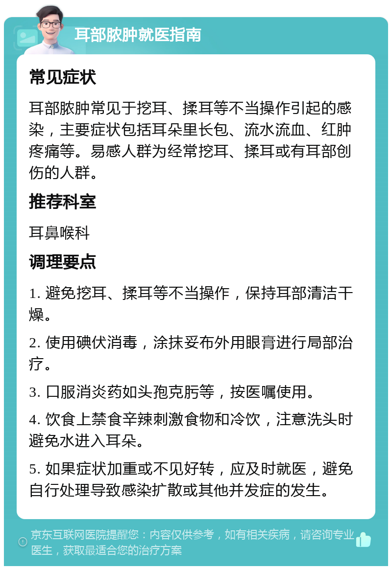 耳部脓肿就医指南 常见症状 耳部脓肿常见于挖耳、揉耳等不当操作引起的感染，主要症状包括耳朵里长包、流水流血、红肿疼痛等。易感人群为经常挖耳、揉耳或有耳部创伤的人群。 推荐科室 耳鼻喉科 调理要点 1. 避免挖耳、揉耳等不当操作，保持耳部清洁干燥。 2. 使用碘伏消毒，涂抹妥布外用眼膏进行局部治疗。 3. 口服消炎药如头孢克肟等，按医嘱使用。 4. 饮食上禁食辛辣刺激食物和冷饮，注意洗头时避免水进入耳朵。 5. 如果症状加重或不见好转，应及时就医，避免自行处理导致感染扩散或其他并发症的发生。