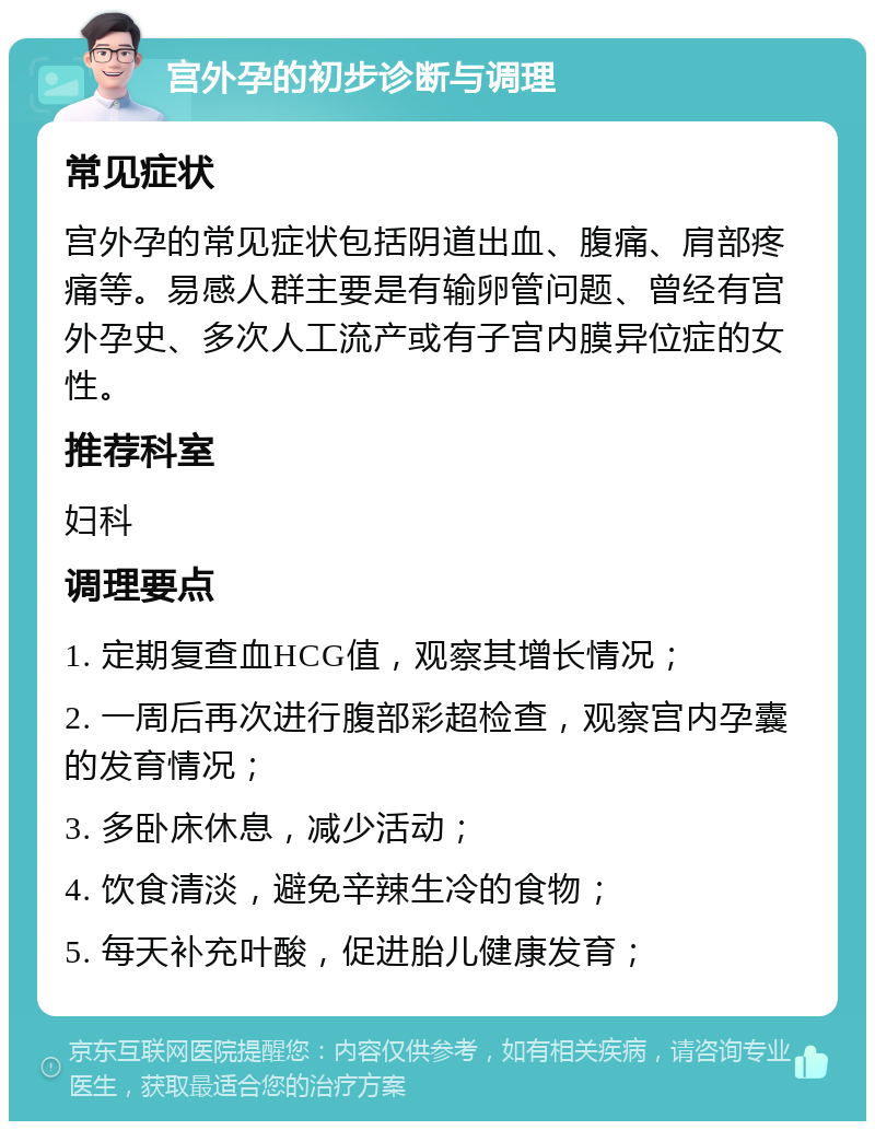 宫外孕的初步诊断与调理 常见症状 宫外孕的常见症状包括阴道出血、腹痛、肩部疼痛等。易感人群主要是有输卵管问题、曾经有宫外孕史、多次人工流产或有子宫内膜异位症的女性。 推荐科室 妇科 调理要点 1. 定期复查血HCG值，观察其增长情况； 2. 一周后再次进行腹部彩超检查，观察宫内孕囊的发育情况； 3. 多卧床休息，减少活动； 4. 饮食清淡，避免辛辣生冷的食物； 5. 每天补充叶酸，促进胎儿健康发育；