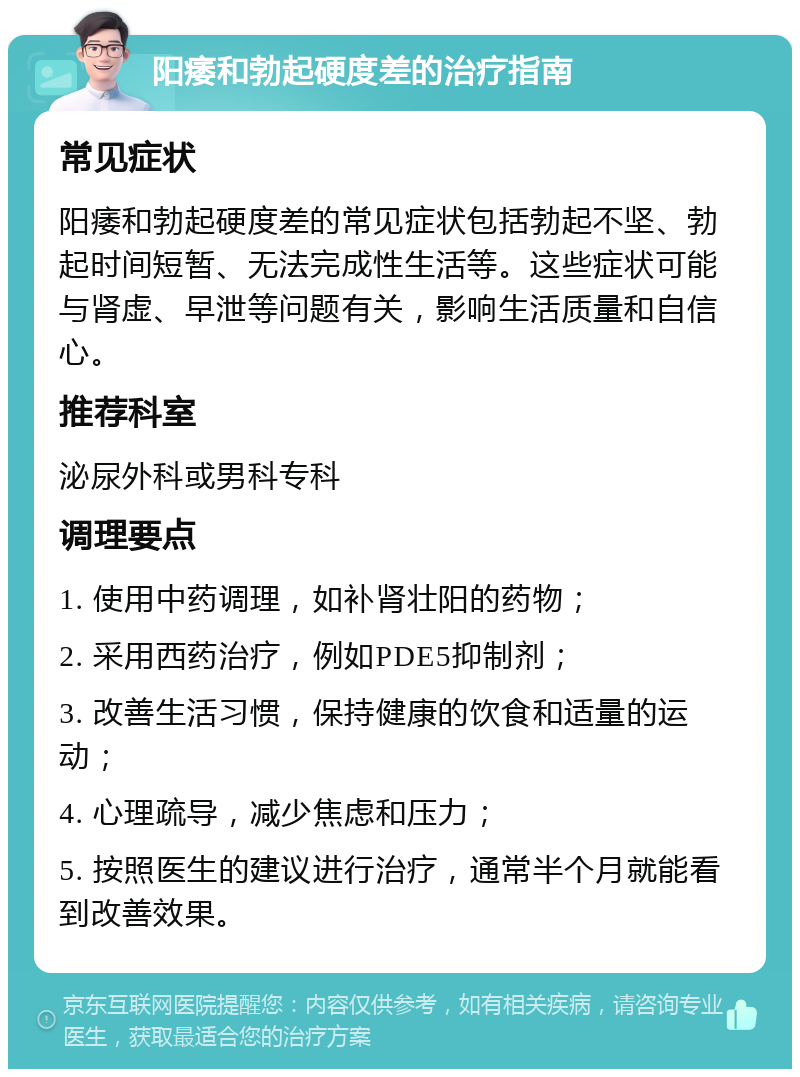 阳痿和勃起硬度差的治疗指南 常见症状 阳痿和勃起硬度差的常见症状包括勃起不坚、勃起时间短暂、无法完成性生活等。这些症状可能与肾虚、早泄等问题有关，影响生活质量和自信心。 推荐科室 泌尿外科或男科专科 调理要点 1. 使用中药调理，如补肾壮阳的药物； 2. 采用西药治疗，例如PDE5抑制剂； 3. 改善生活习惯，保持健康的饮食和适量的运动； 4. 心理疏导，减少焦虑和压力； 5. 按照医生的建议进行治疗，通常半个月就能看到改善效果。