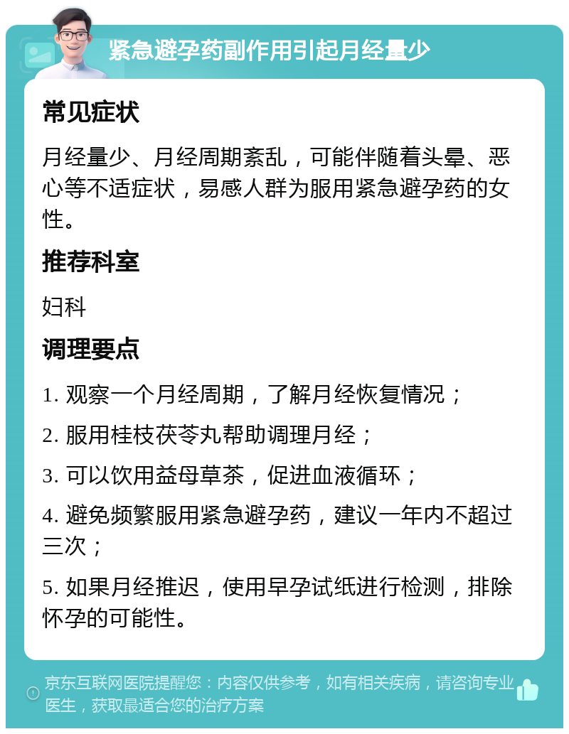 紧急避孕药副作用引起月经量少 常见症状 月经量少、月经周期紊乱，可能伴随着头晕、恶心等不适症状，易感人群为服用紧急避孕药的女性。 推荐科室 妇科 调理要点 1. 观察一个月经周期，了解月经恢复情况； 2. 服用桂枝茯苓丸帮助调理月经； 3. 可以饮用益母草茶，促进血液循环； 4. 避免频繁服用紧急避孕药，建议一年内不超过三次； 5. 如果月经推迟，使用早孕试纸进行检测，排除怀孕的可能性。