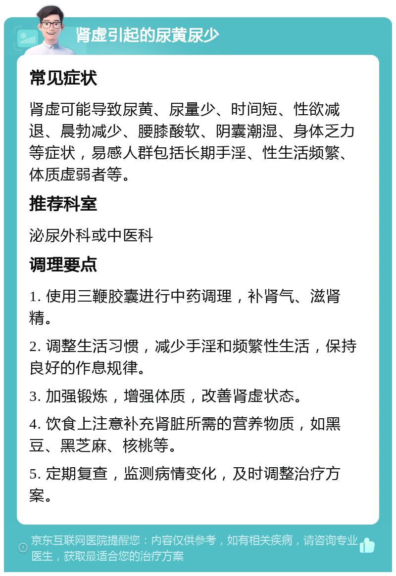 肾虚引起的尿黄尿少 常见症状 肾虚可能导致尿黄、尿量少、时间短、性欲减退、晨勃减少、腰膝酸软、阴囊潮湿、身体乏力等症状，易感人群包括长期手淫、性生活频繁、体质虚弱者等。 推荐科室 泌尿外科或中医科 调理要点 1. 使用三鞭胶囊进行中药调理，补肾气、滋肾精。 2. 调整生活习惯，减少手淫和频繁性生活，保持良好的作息规律。 3. 加强锻炼，增强体质，改善肾虚状态。 4. 饮食上注意补充肾脏所需的营养物质，如黑豆、黑芝麻、核桃等。 5. 定期复查，监测病情变化，及时调整治疗方案。