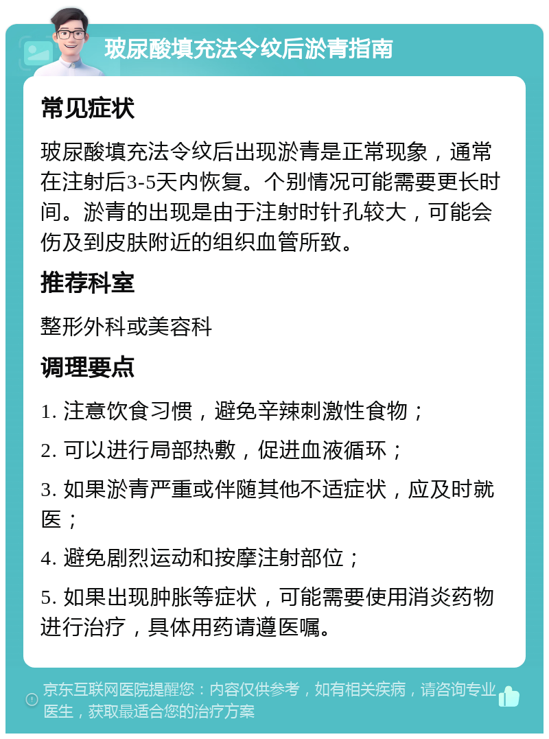 玻尿酸填充法令纹后淤青指南 常见症状 玻尿酸填充法令纹后出现淤青是正常现象，通常在注射后3-5天内恢复。个别情况可能需要更长时间。淤青的出现是由于注射时针孔较大，可能会伤及到皮肤附近的组织血管所致。 推荐科室 整形外科或美容科 调理要点 1. 注意饮食习惯，避免辛辣刺激性食物； 2. 可以进行局部热敷，促进血液循环； 3. 如果淤青严重或伴随其他不适症状，应及时就医； 4. 避免剧烈运动和按摩注射部位； 5. 如果出现肿胀等症状，可能需要使用消炎药物进行治疗，具体用药请遵医嘱。