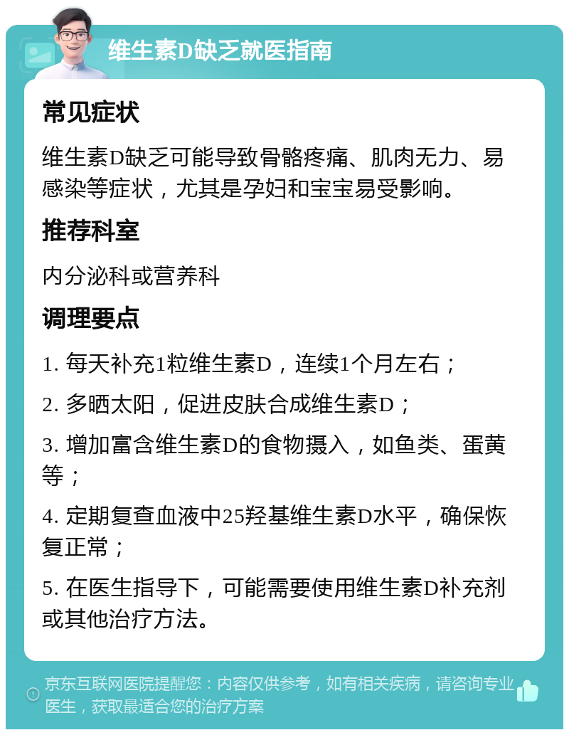 维生素D缺乏就医指南 常见症状 维生素D缺乏可能导致骨骼疼痛、肌肉无力、易感染等症状，尤其是孕妇和宝宝易受影响。 推荐科室 内分泌科或营养科 调理要点 1. 每天补充1粒维生素D，连续1个月左右； 2. 多晒太阳，促进皮肤合成维生素D； 3. 增加富含维生素D的食物摄入，如鱼类、蛋黄等； 4. 定期复查血液中25羟基维生素D水平，确保恢复正常； 5. 在医生指导下，可能需要使用维生素D补充剂或其他治疗方法。