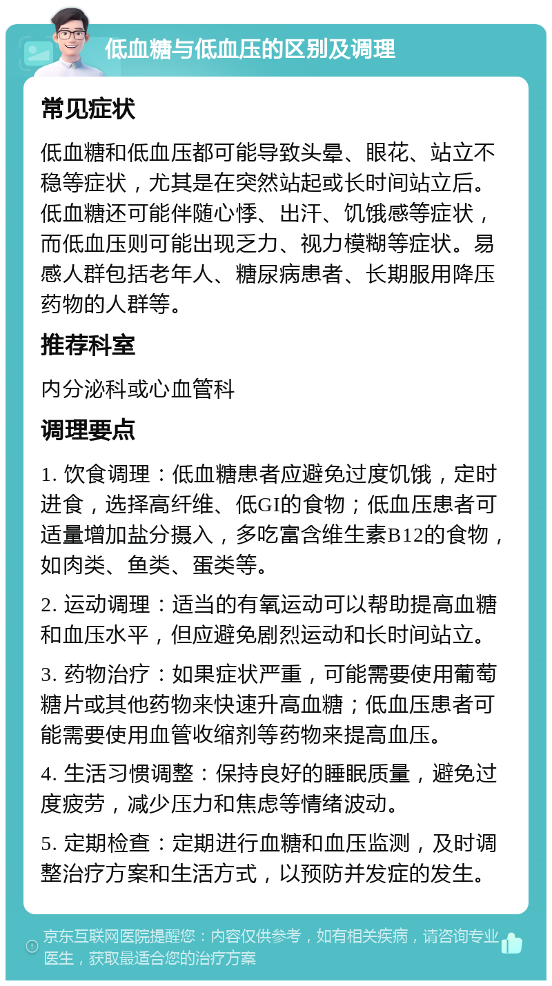 低血糖与低血压的区别及调理 常见症状 低血糖和低血压都可能导致头晕、眼花、站立不稳等症状，尤其是在突然站起或长时间站立后。低血糖还可能伴随心悸、出汗、饥饿感等症状，而低血压则可能出现乏力、视力模糊等症状。易感人群包括老年人、糖尿病患者、长期服用降压药物的人群等。 推荐科室 内分泌科或心血管科 调理要点 1. 饮食调理：低血糖患者应避免过度饥饿，定时进食，选择高纤维、低GI的食物；低血压患者可适量增加盐分摄入，多吃富含维生素B12的食物，如肉类、鱼类、蛋类等。 2. 运动调理：适当的有氧运动可以帮助提高血糖和血压水平，但应避免剧烈运动和长时间站立。 3. 药物治疗：如果症状严重，可能需要使用葡萄糖片或其他药物来快速升高血糖；低血压患者可能需要使用血管收缩剂等药物来提高血压。 4. 生活习惯调整：保持良好的睡眠质量，避免过度疲劳，减少压力和焦虑等情绪波动。 5. 定期检查：定期进行血糖和血压监测，及时调整治疗方案和生活方式，以预防并发症的发生。