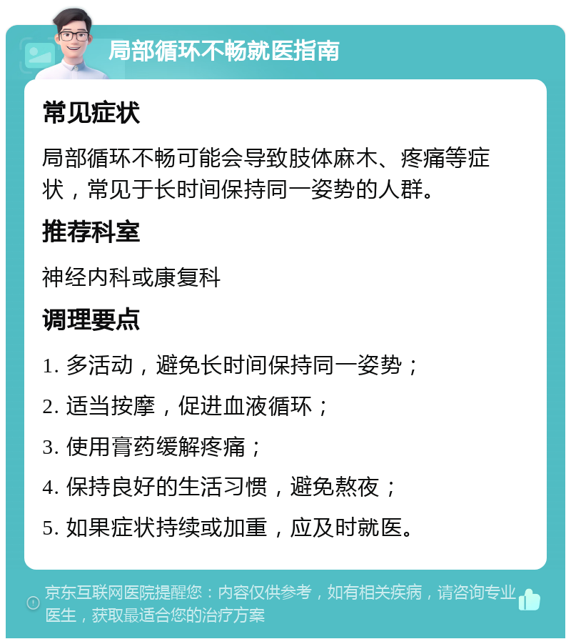 局部循环不畅就医指南 常见症状 局部循环不畅可能会导致肢体麻木、疼痛等症状，常见于长时间保持同一姿势的人群。 推荐科室 神经内科或康复科 调理要点 1. 多活动，避免长时间保持同一姿势； 2. 适当按摩，促进血液循环； 3. 使用膏药缓解疼痛； 4. 保持良好的生活习惯，避免熬夜； 5. 如果症状持续或加重，应及时就医。