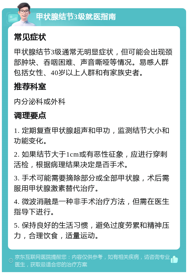 甲状腺结节3级就医指南 常见症状 甲状腺结节3级通常无明显症状，但可能会出现颈部肿块、吞咽困难、声音嘶哑等情况。易感人群包括女性、40岁以上人群和有家族史者。 推荐科室 内分泌科或外科 调理要点 1. 定期复查甲状腺超声和甲功，监测结节大小和功能变化。 2. 如果结节大于1cm或有恶性征象，应进行穿刺活检，根据病理结果决定是否手术。 3. 手术可能需要摘除部分或全部甲状腺，术后需服用甲状腺激素替代治疗。 4. 微波消融是一种非手术治疗方法，但需在医生指导下进行。 5. 保持良好的生活习惯，避免过度劳累和精神压力，合理饮食，适量运动。